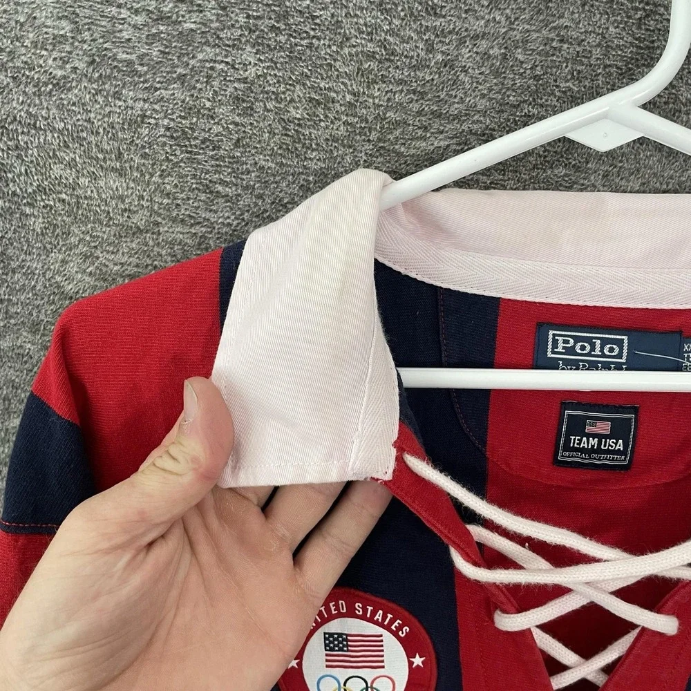 Team USA Rugby Shirt Mens 2XL Blue Red Olympic Polo Ralph Lauren Tie Placket